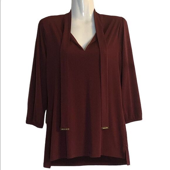 Michael Michael Kors top Size S  logo'd tie at neck high low slit hem silky soft - Picture 1 of 6